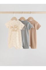 % 100 Pamuklu Krem Kahve 3'lü Romper Set