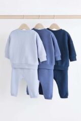 Next Baby Pamuklu Mavi Lacivert Uzun Kollu Şardonlu 3'lü Jogger Alt Üst Takım