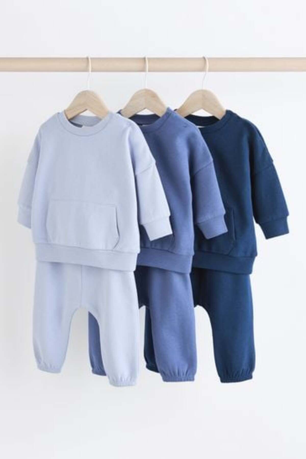 Next Baby Pamuklu Mavi Lacivert Uzun Kollu Şardonlu 3'lü Jogger Alt Üst Takım