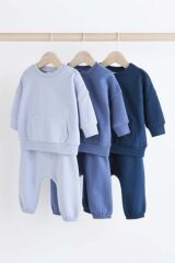 Next Baby Pamuklu Mavi Lacivert Uzun Kollu Şardonlu 3'lü Jogger Alt Üst Takım