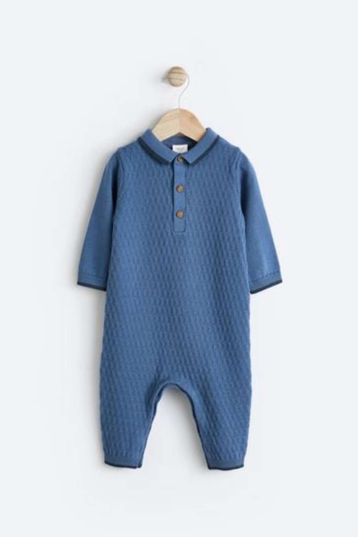 Next Baby % 100 Pamuklu Polo Yaka Triko Mavi Tulum