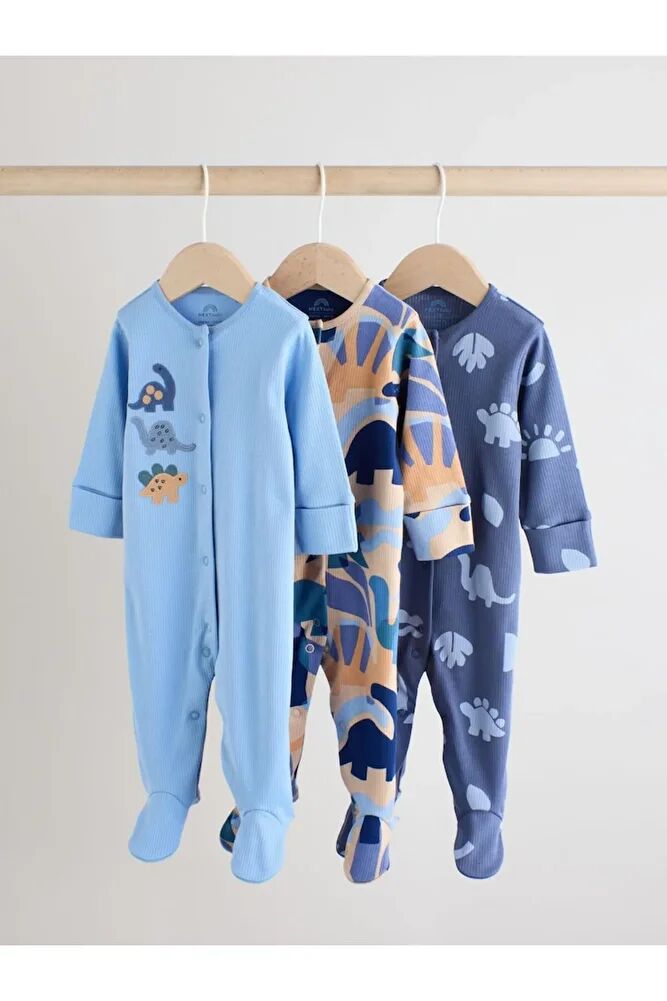 % 100 Pamuklu Mavi Lacivert Dinozor Desenli 3'lü Tulum Set