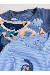 % 100 Pamuklu Mavi Lacivert Dinozor Desenli 3'lü Tulum Set