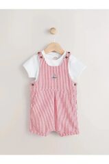 %100 Pamuklu Kımrızı Tekne Desenli Kısa Kollu Salopet Body Zıbın Set