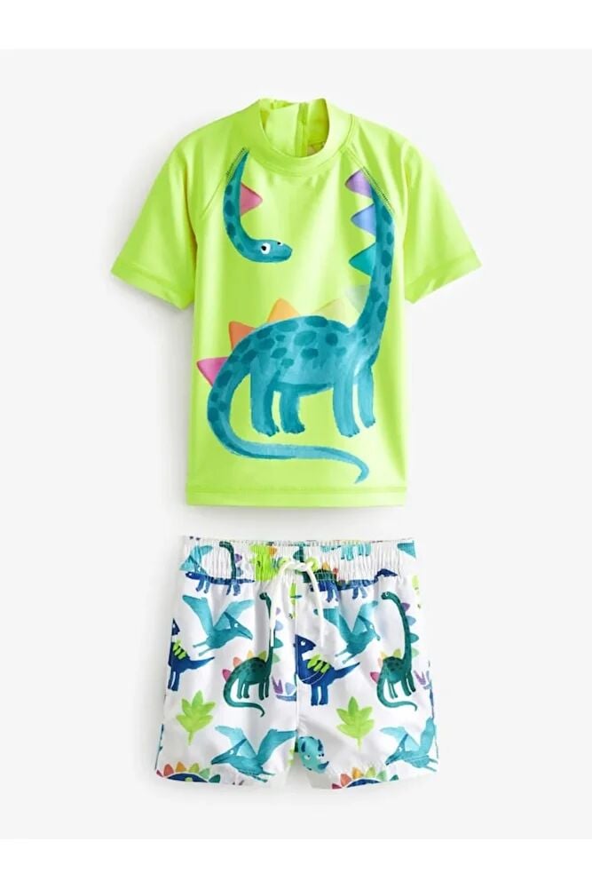 Yeşil Dinozor Desenli Sunsafe Korumalı Mayo Takım Set