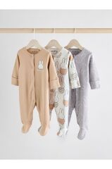 % 100 Pamuklu Premium Krem Tavşan Desenli 3'lü Tulum Set