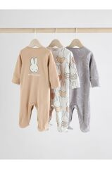 % 100 Pamuklu Premium Krem Tavşan Desenli 3'lü Tulum Set