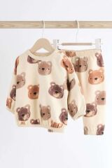 Next Baby Pamuklu Krem Ayıcık Desenli Uzun Kollu Alt Üst Takım Takım