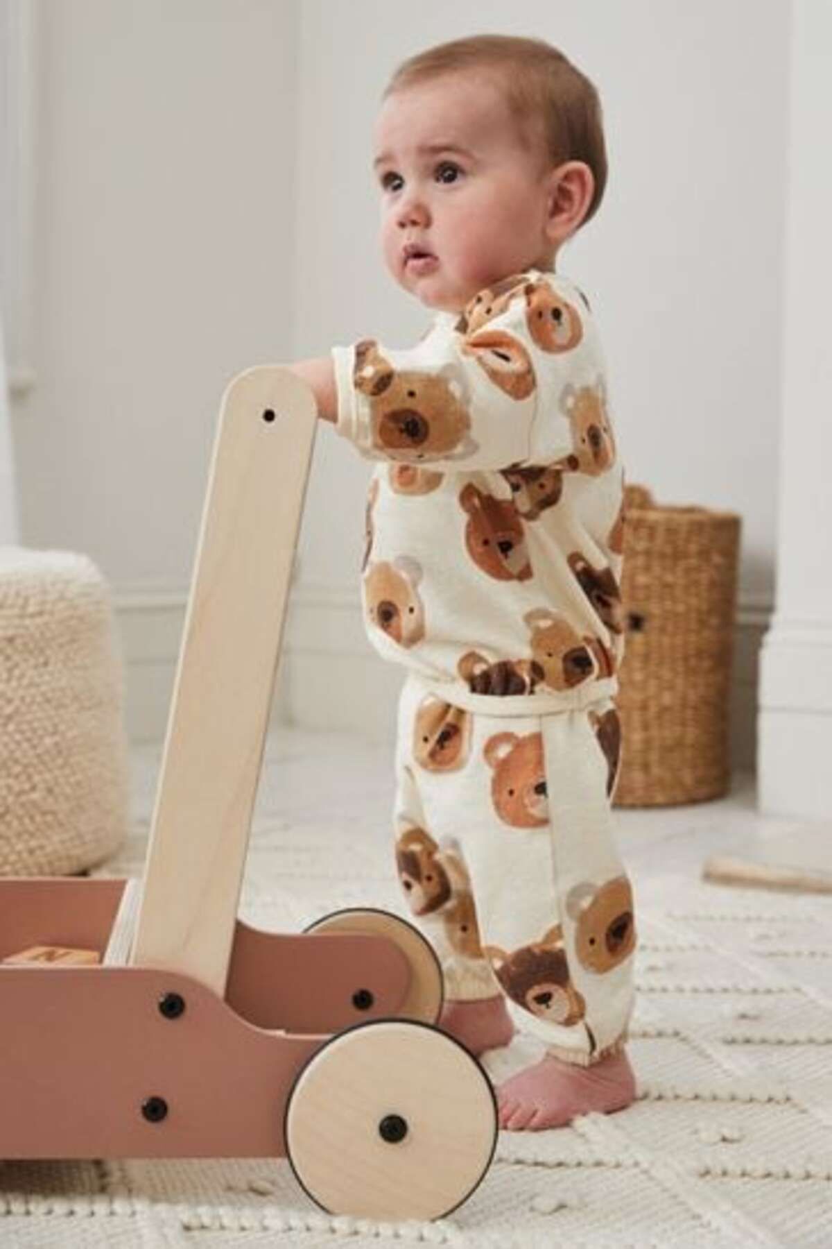 Next Baby Pamuklu Krem Ayıcık Desenli Uzun Kollu Alt Üst Takım Takım