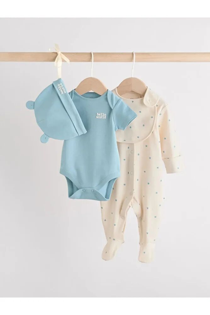 % 100 Pamuklu Mavi Tulum Body Zıbın Önlük Şapka 4'lü Set