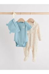 % 100 Pamuklu Mavi Tulum Body Zıbın Önlük Şapka 4'lü Set