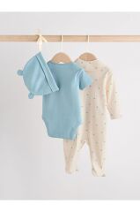% 100 Pamuklu Mavi Tulum Body Zıbın Önlük Şapka 4'lü Set