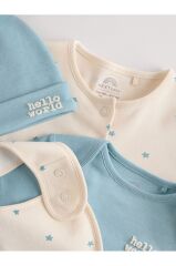 % 100 Pamuklu Mavi Tulum Body Zıbın Önlük Şapka 4'lü Set