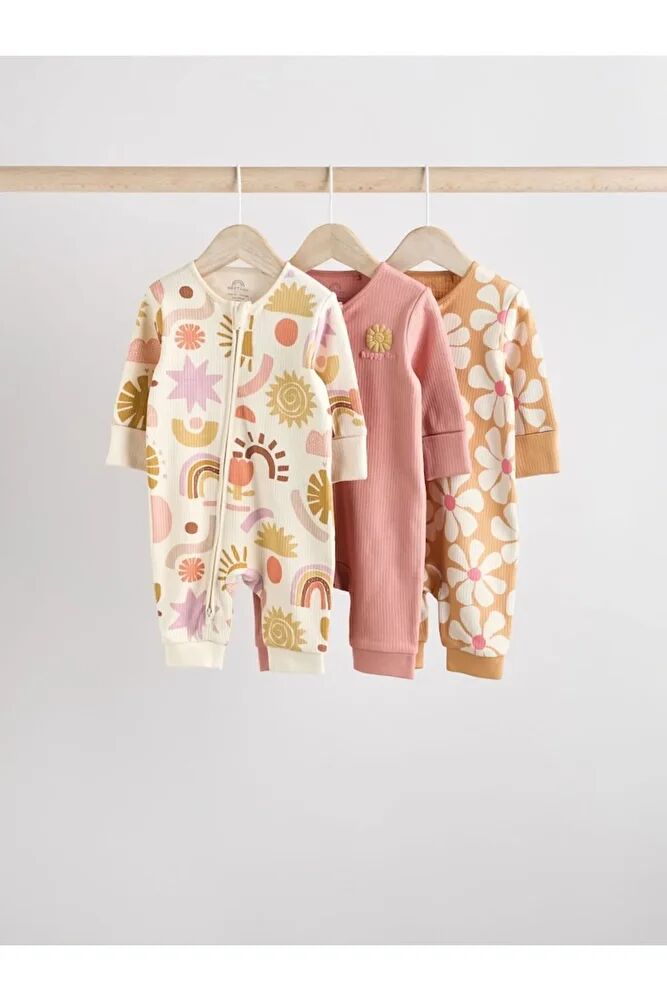 % 100 Pamuklu Krem Pembe Çiçek Desenli 3'lü Tulum Set