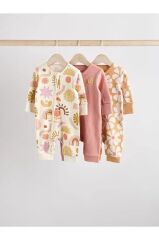 % 100 Pamuklu Krem Pembe Çiçek Desenli 3'lü Tulum Set