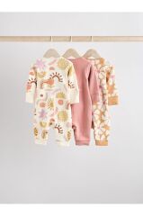 % 100 Pamuklu Krem Pembe Çiçek Desenli 3'lü Tulum Set