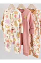 % 100 Pamuklu Krem Pembe Çiçek Desenli 3'lü Tulum Set
