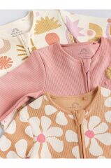 % 100 Pamuklu Krem Pembe Çiçek Desenli 3'lü Tulum Set