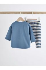 Next Baby Pamuklu Mavi Çizgili Ayı Desenli Uzun Kollu Alt Üst Takım