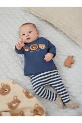 Next Baby Pamuklu Mavi Çizgili Ayı Desenli Uzun Kollu Alt Üst Takım