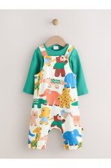 %100 Pamuklu Green Animal Desenli Uzun Kollu Salopet Body Zıbın Set