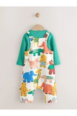 %100 Pamuklu Green Animal Desenli Uzun Kollu Salopet Body Zıbın Set