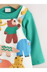 %100 Pamuklu Green Animal Desenli Uzun Kollu Salopet Body Zıbın Set