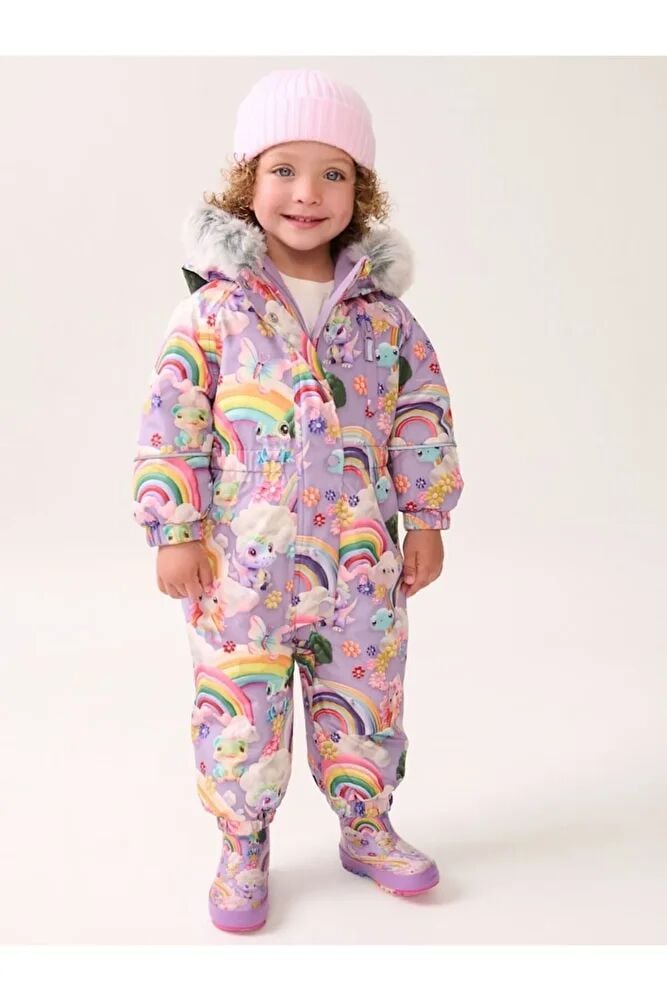 Lila Unicorn Desenli Tam Polar Astarlı Kapüşonlu Suya Dayanıklı Astronot Tulum