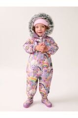 Lila Unicorn Desenli Tam Polar Astarlı Kapüşonlu Suya Dayanıklı Astronot Tulum