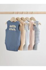 %100 Pamuklu Mavi Krem Baskılı 5'li Body Zıbın Set