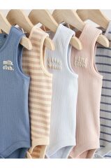 %100 Pamuklu Mavi Krem Baskılı 5'li Body Zıbın Set