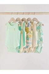 %100 Pamuklu Yeşil Çizgili Ananas Desenli 5'li Body Zıbın Set