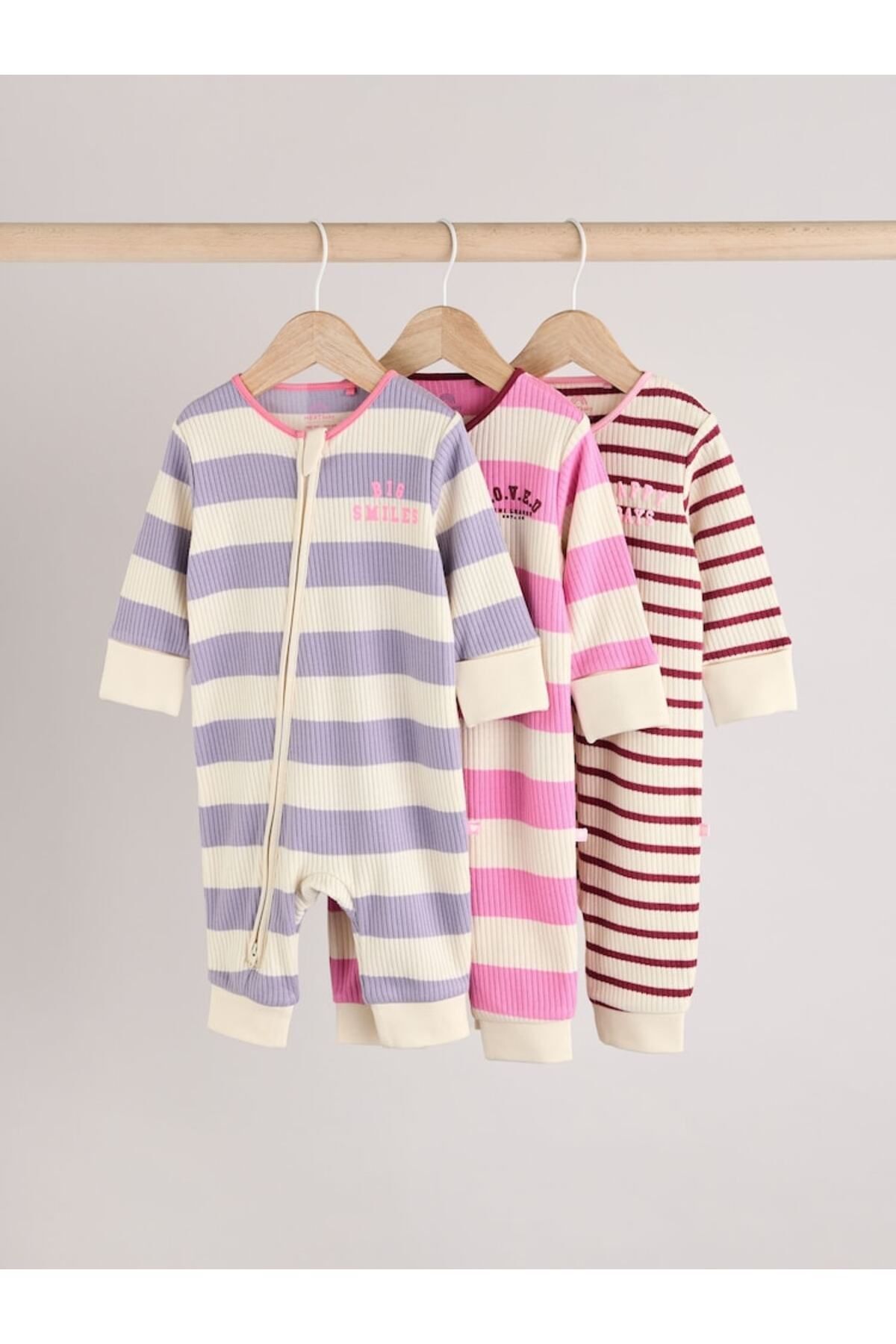 Next Baby %100 Pamuklu Pembe Mor Çizgili Desenli 3'lü Tulum Set