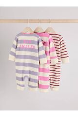 Next Baby %100 Pamuklu Pembe Mor Çizgili Desenli 3'lü Tulum Set