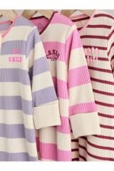 Next Baby %100 Pamuklu Pembe Mor Çizgili Desenli 3'lü Tulum Set