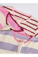 Next Baby %100 Pamuklu Pembe Mor Çizgili Desenli 3'lü Tulum Set