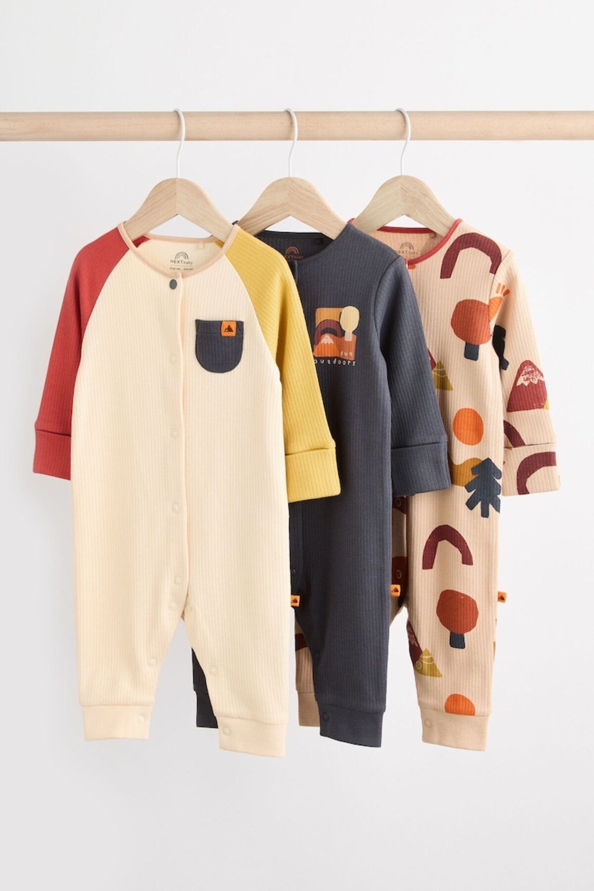 Next Baby % 100 Pamuklu Krem Lacivert Baskılı 3'lü Tulum Set
