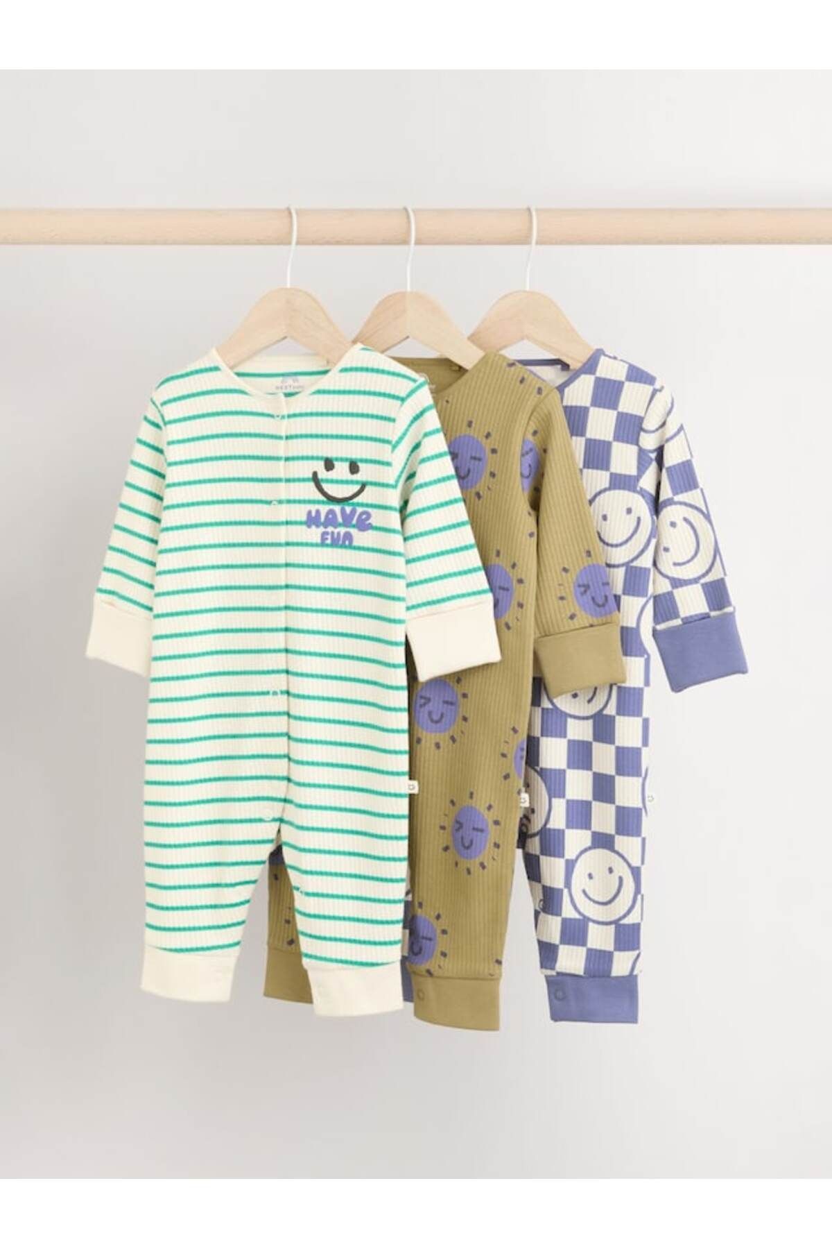 Next Baby %100 Pamuklu Mavi Yeşil Çizgili Desenli 3'lü Tulum Set