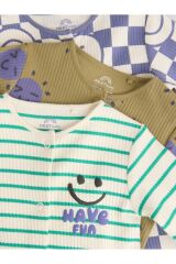 Next Baby %100 Pamuklu Mavi Yeşil Çizgili Desenli 3'lü Tulum Set
