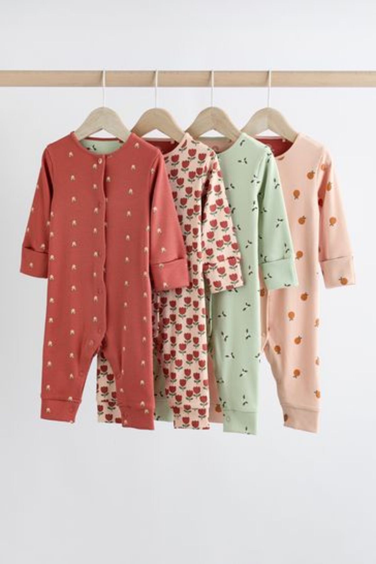 Next Baby % 100 Pamuklu Yeşil Turuncu Çiçek Desenli Ayaksız 4' lü Tulum Set