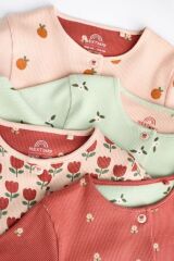 Next Baby % 100 Pamuklu Yeşil Turuncu Çiçek Desenli Ayaksız 4' lü Tulum Set