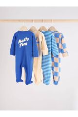 Next Baby %100 Pamuklu Mavi Baskılı Fermuarlı 4'lü Tulum Set