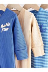 Next Baby %100 Pamuklu Mavi Baskılı Fermuarlı 4'lü Tulum Set