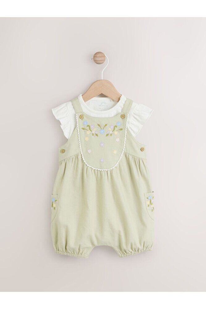 % 100 Pamuklu Sage Green Çiçek İşlemeli Salopet Body Zıbın Set