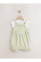 % 100 Pamuklu Sage Green Çiçek İşlemeli Salopet Body Zıbın Set