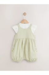 % 100 Pamuklu Sage Green Çiçek İşlemeli Salopet Body Zıbın Set