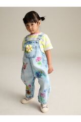 % 100 Pamuklu Denim Çiçek Baskılı Salopet Body Set