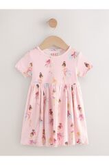 % 100 Pamuklu Pembe Balerin Desenli Kısa Kollu Elbise