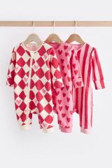 Next Baby % 100 Pamuklu Kırmızı Kalp Desenli  3'lü Tulum Set