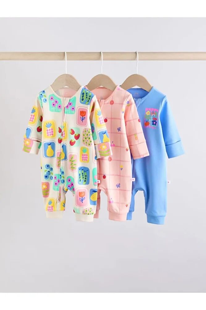 %100 Pamuklu Pembe Mavi Çiçek Desenli 3'lü Tulum Set